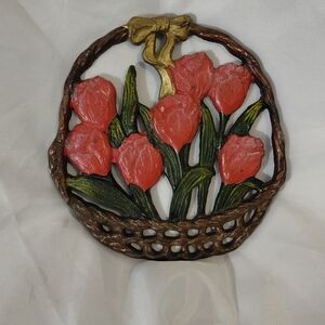 Source Unknown Tulip Basket Wall Art - Coral and Olive